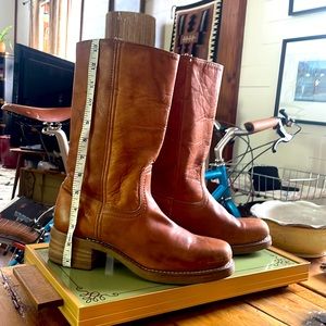 Frye vintage , cognac in color, gently worn leather and original neoprene sole .